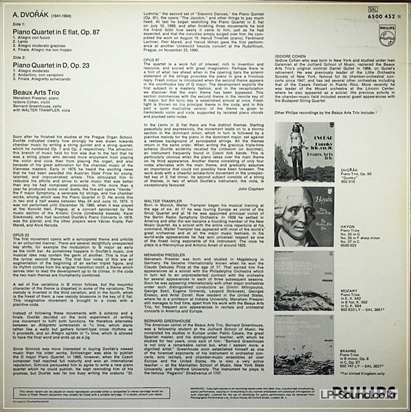 DVORAK BEAUX ARTS TRIO PIANO QUARTETS TRAMPLER PHILPS 6500 452