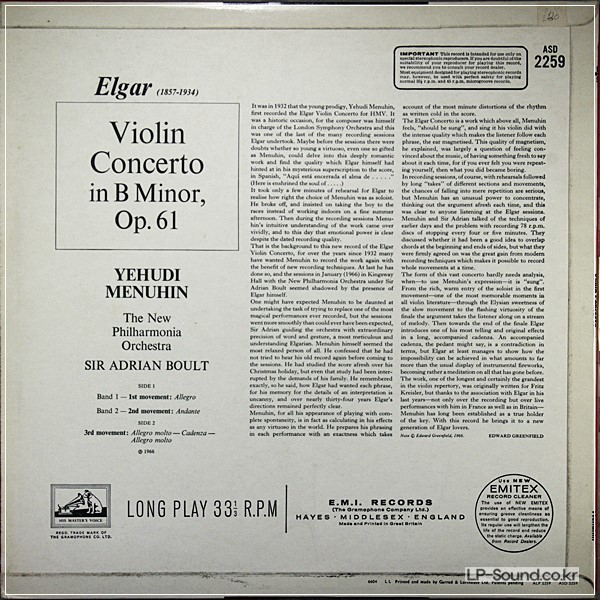 ELGAR VIOLIN CONCERTO YEHUDI MENUHIN BOULT EMI   ASD 2259