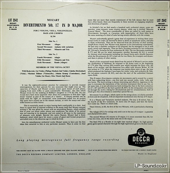 MOZART DIVERTIMENTO 17 WILLI BOSKOVSKY VIENNA OCTET DECCA  LXT 2542