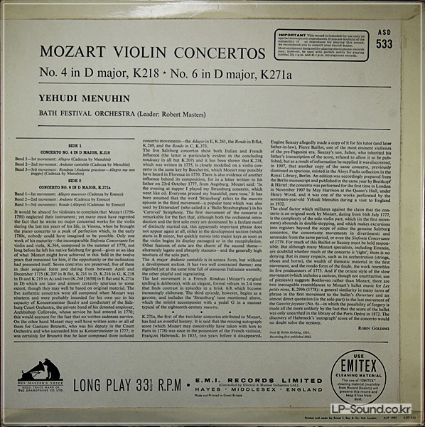 MOZART VIOLIN CONC 4+6 MENUHIN HMV ASD 533