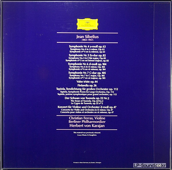 SIBELIUS, SYMPHONIEN 4,5,6,7, VIOLINKONZERT, KARAJAN  4LP BOX
