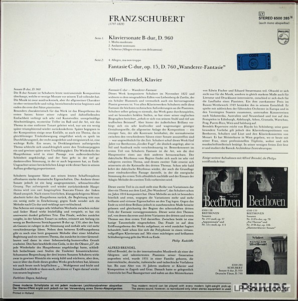 SCHUBERT SONATA D 960 WANDERER FANTASIE *BRENDEL PHILIPS 6500 285