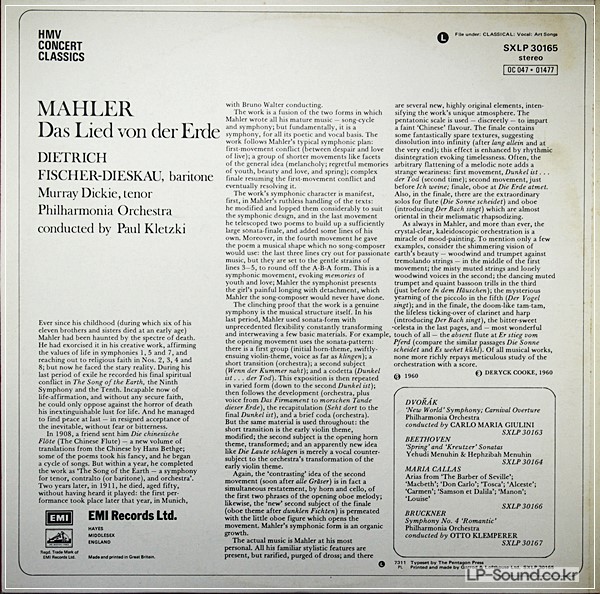 MAHLER DAS LIED VON DER ERDE FISCHER-DIESKAU KLETZKI  SXLP 30165