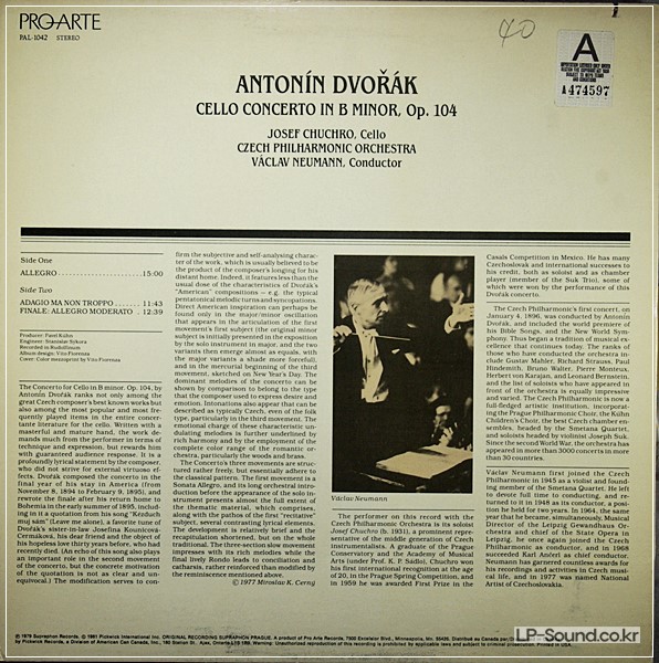 DVORAK CELLO CONCERTO OP.104 CHUCHRO LP 1ST. SUPRAPHON