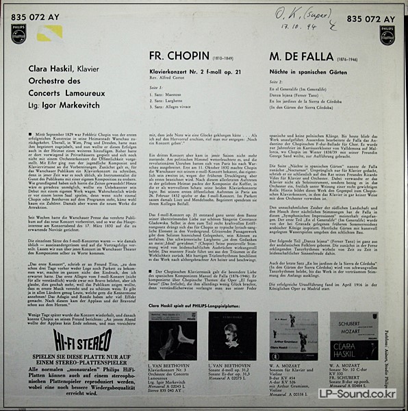 CHOPIN PIANO CONCERTO HASKIL MARKEVITCH PHILIPS 835 072AY STEREO