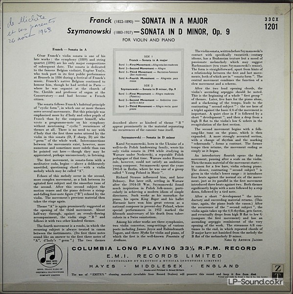FRANCK & SZYMANOWSKI SONATAS DAVID OISTRAKH  33CX 1201