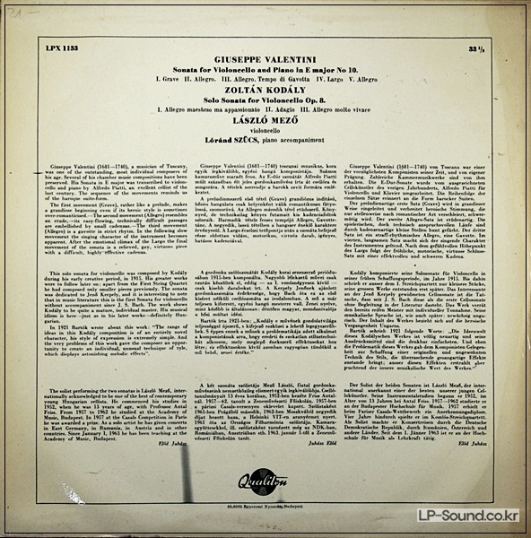 LASZLO MEZO VALENTINI KODALY PIANO CELLO SONATAS QUALITON 1963 LPX 1133