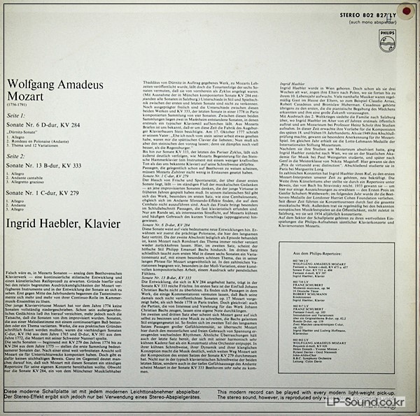 MOZART PIANO SONATA KV 284 KV 333 HAEBLER PHILPS 802 827 LY