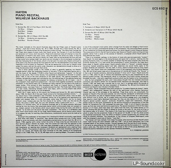 HAYDN PIANO RECITAL WILHELM BACKHAUS SONATAS NOS.52,48&34 FANTASIA IN C  ECS 692
