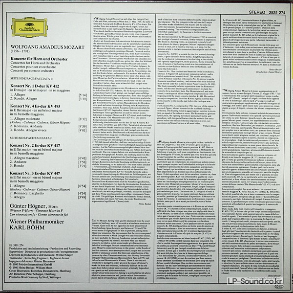 MOZART HORN CONCERTOS VIENNA PHIL BOHM HOGNER DG 2531 274