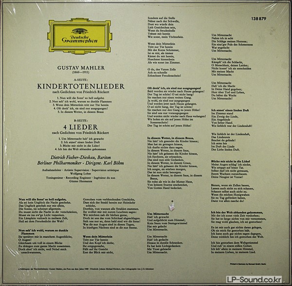 MAHLER KINDERTOTEN & 4 RUCKERT LIEDER  FISCHER-DIESKAU BOHM DG 138 879