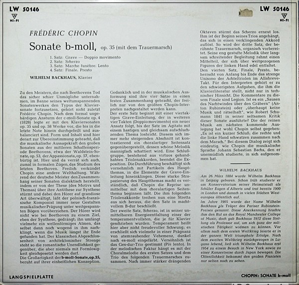 CHOPIN / SONATA IN B MINOR / WILHELM BACKHAUS / DECCA LW50146  10