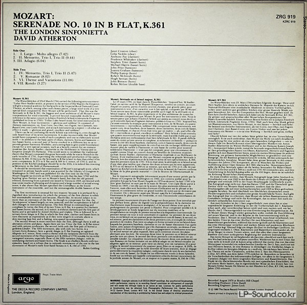 MOZART: SERENADE NO. 10 IN B K361 ATHERTON / LONDON SINFONIETTA ZRG 919