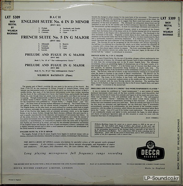 BACKHAUS/ BACH: ENGLISH SUITE NO.6 - FRENCH SUITE NO.5/  DECCA LXT 5309
