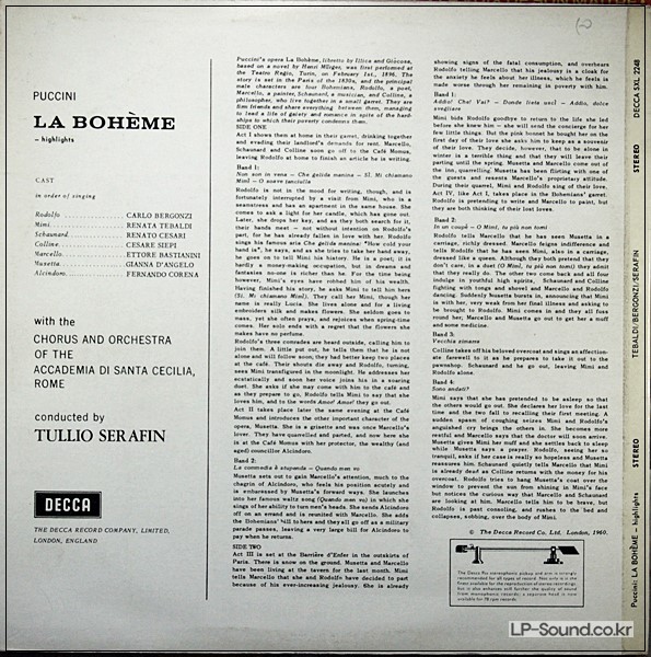 PUCCINI LA BOHEME (HIGHLIGHTS) TEBALDI, BERGONZI SERAFIN  SXL 2248