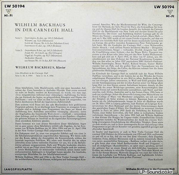 BACKHAUS, PIANO: CARNEGIE HALL RECITAL, 1954  DECCA LW 50 194 ED1