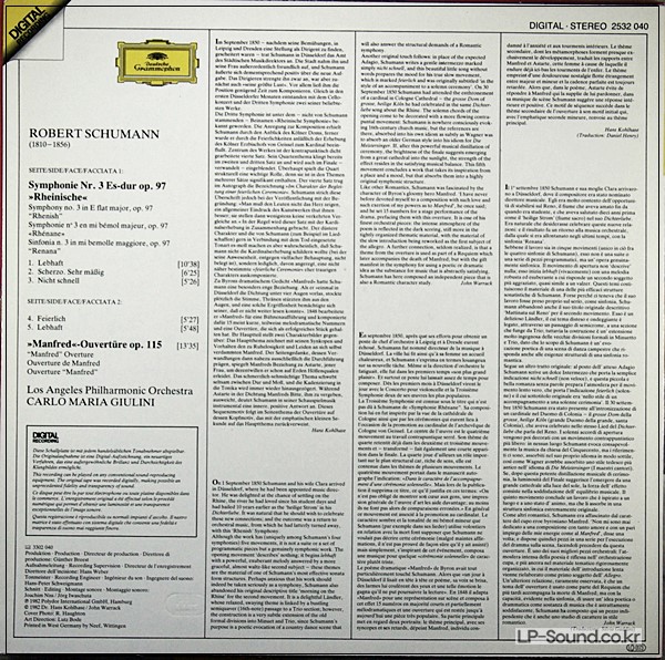 SCHUMANN SYMPHONY NO.3 - RHENISH, MANFRED OVERTURE LP GIULINI LAPO DG 2532 040
