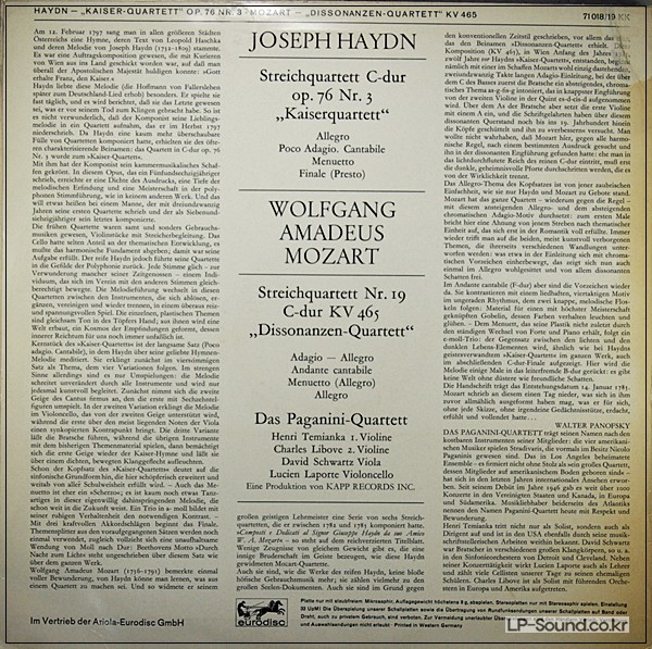 HAYDN KAISERQUARTETT/ MOZART DISSONANZEN QUARTETT LP PAGANINI QUARTETT