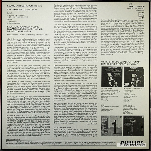 BEETHOVEN VIOLIN CONCERTO  SALVATORE ACCARDO/KURT MASUR  PHILIPS 9500 407