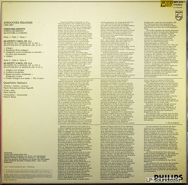 BRAHMS STREICH QUARTETT OP 51/1.2  ITALIANO PHILPS 6570 919