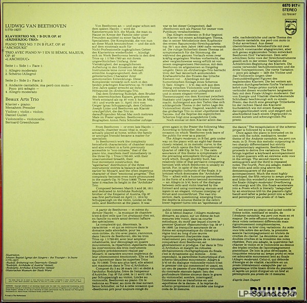 BEETHOVEN ERZHERZOG-TRIO BERUX ART TRIO PHILPS 6570 917