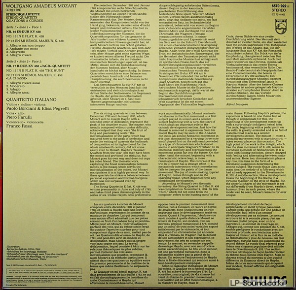 MOZART STRING QUARTETS NO 16 17 QUARTET ITALIANO PHILIPS 6570 922