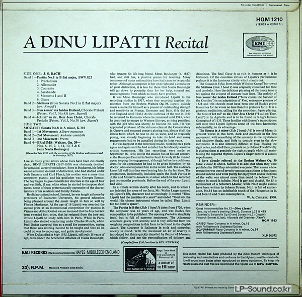 A DINU LIPATTI RECITAL BACH MOZART BRAHMS EMI ODEON HQM 1210