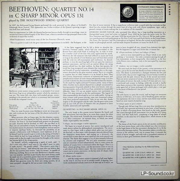 BEETHOVEN NO 14 HOLLYWOOD STRING QUARTET CAPITOL P 8425