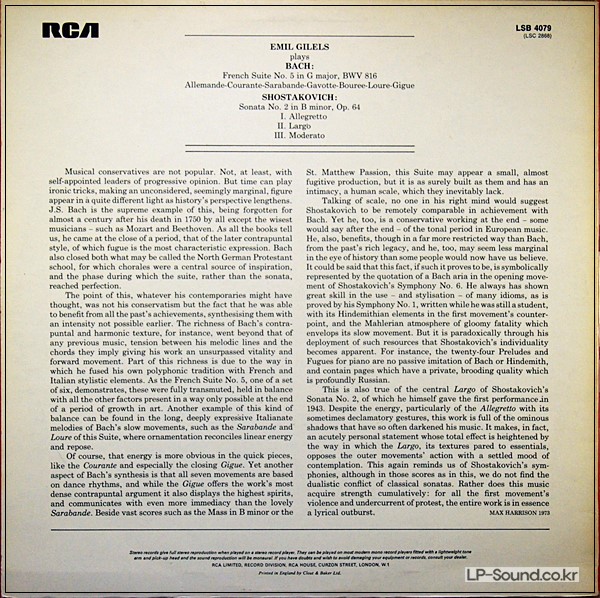 SHOSTAKOVICH SONATA BACH SUITE EMIL GILELS PIANO RCA LSB 4079