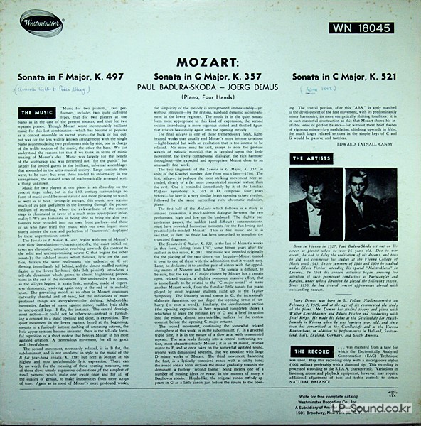 MOZART PIANO SONATA'S FMAJ & GMAJ BADURA-SKODA DEMUS WESTMINSTER XWN 18045
