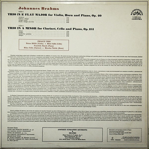 PRAGUE TRIO SADLO BRAHMS CLARINET & HORN TRIOS SUPRAPHON