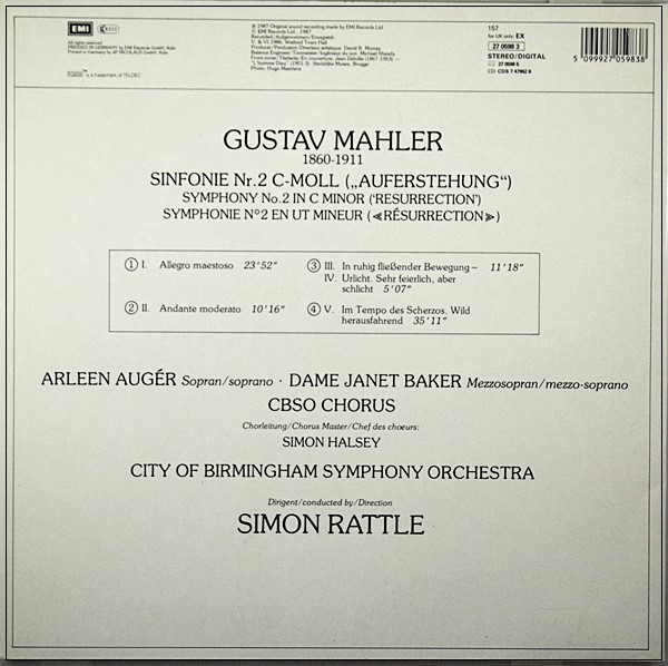 MAHLER SYMPHONY No.2 SIMON RATTLE 1987 HMV EX 27 0598 3