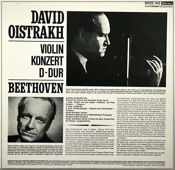 BEETHOVEN VIOLIN CONCERTO OISTRAKH CLUYTENS ELECTROLA HÖRZU LP SHZE 143