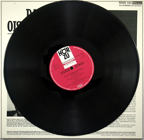 BEETHOVEN VIOLIN CONCERTO OISTRAKH CLUYTENS ELECTROLA HÖRZU LP SHZE 143