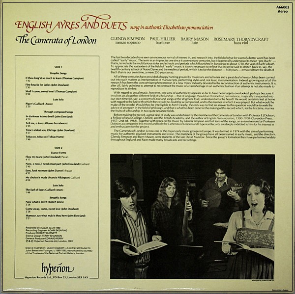 ENGLISH AYRES AND DUETS - THE CAMERATA OF LONDON - HYPERION A66003