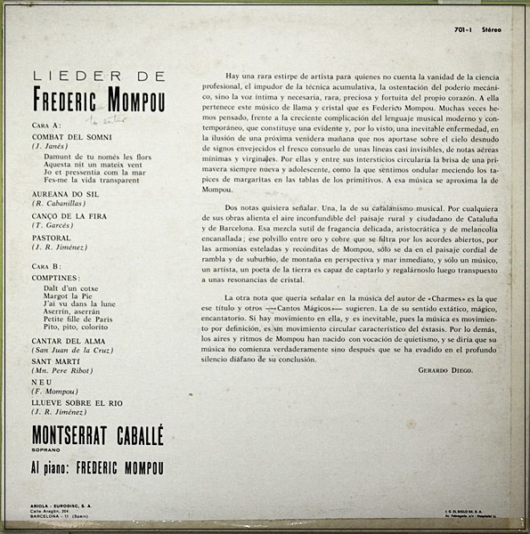 LIEDER DE FREDERIC MOMPOU - MONSERRAT CABALLE - VERGARA STEREO ED.1 SPAIN 1964