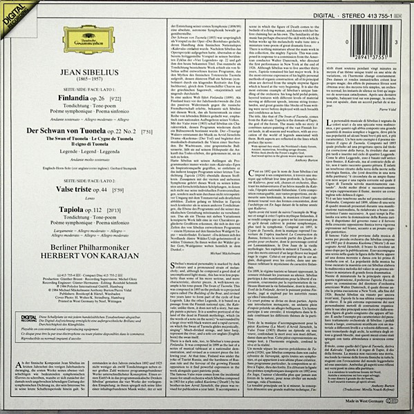 SIBELIUS FINLANDIA VALSE TRISTE TAPIOLA SWAN OF TUONELA KARAJAN DGG LP 413755-1