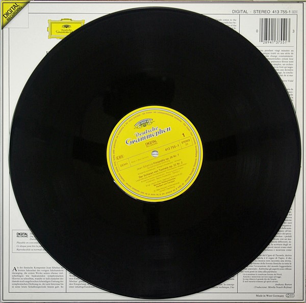 SIBELIUS FINLANDIA VALSE TRISTE TAPIOLA SWAN OF TUONELA KARAJAN DGG LP 413755-1