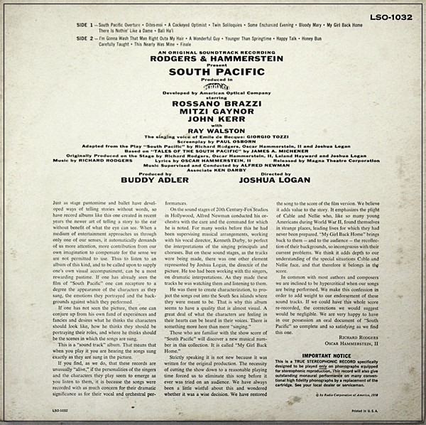 SOUTH PACIFIC SOUNDTRACK. GAYNOR, BRAZZI. 1958 LIVING STEREO LSO-1032.