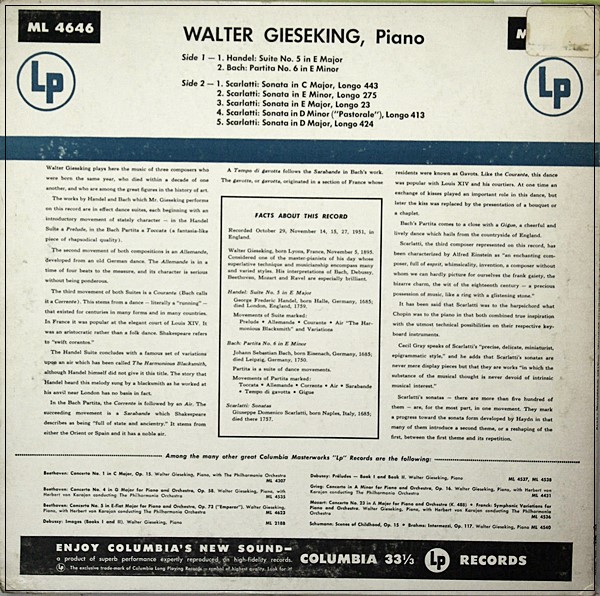 HANDEL BACH SCARLATTI WALTER GIESEKING ML 4646 MONO US ED1 CBS 1953