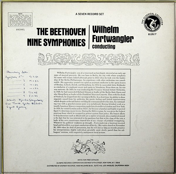 BEETHOVEN FURTWANGLER THE 9 SYMPHONIES OLYMPIC RECORDS 8120/7 BOX 7 LP