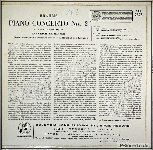 BRAHMS: PIANO CONCERTO NO. 2 - HAASER / KARAJAN COLUMBIA SAX 2328