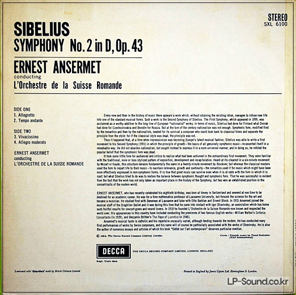 SIBELIUS NO.2 ERNEST ANSERMET SXL 6100