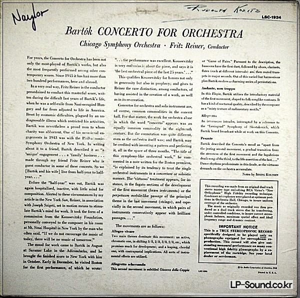 BARTOK CONCERTO FOR ORCHESTRA-FRITZ REINER RCA LIVING  SD LSC 1934