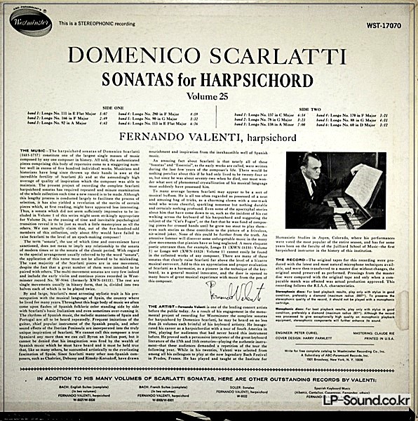 SCARLATTI, VALENTI SONATAS FOR HARPSICHORD  WESTMINSTER WST-17070