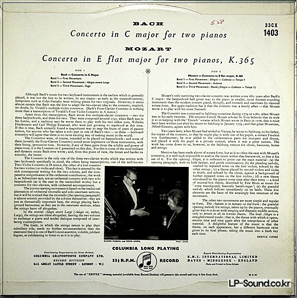 BACH / MOZART: PIANO CONCERTOS - HASKIL & ANDA **COLUMBIA 33CX 1403