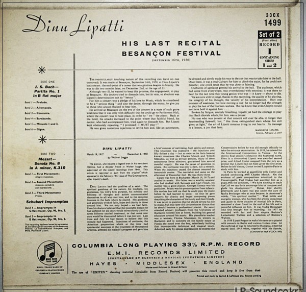 DINU LIPATTI HIS LAST RECITAL BESANCON FESTIVAL 33CX 1499