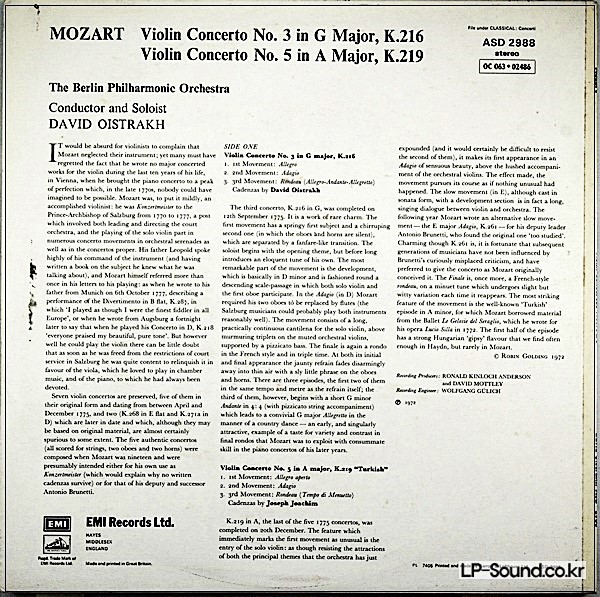MOZART VIOLIN CONCERTO DAVID OISTRAKH HMV STEREO ASD 2988