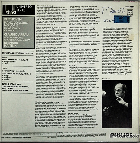 BEETHOVEN CONCERTO 1/SONATA 2 ARRAU  PHILPS 6580 122