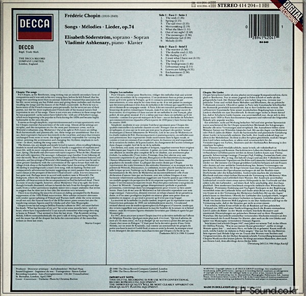 CHOPIN SONGS ELISABETH SODERSTROM ASHKENAZY   DECCA DIGITAL  414 204-1